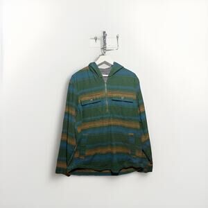L.L.Bean Katahdin Anorak Pullover Flannel Jacket Men’s L Green Striped Hooded